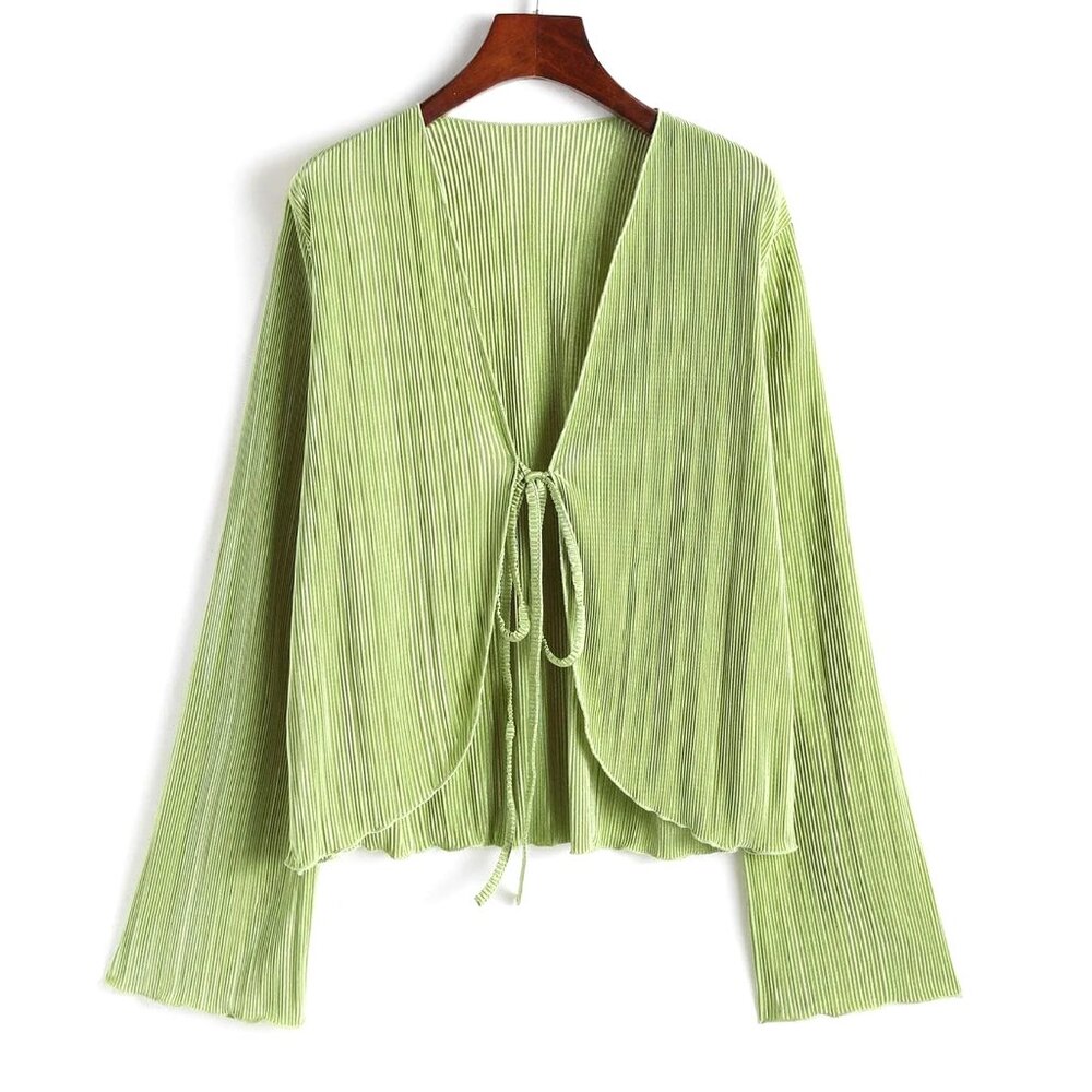 SAGE GREEN LONG-SLEEVED LIGHT WEIGHT TIE-FRONT BLOUSE